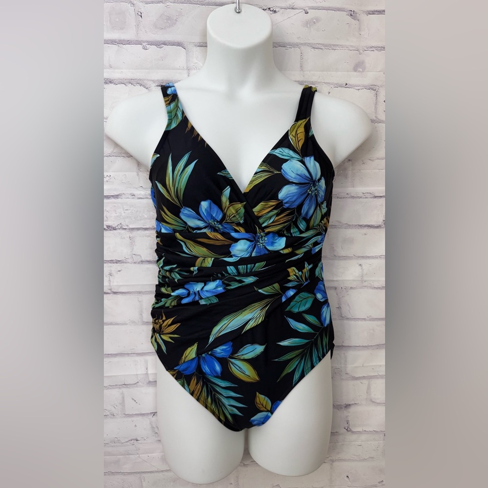 Swimslimmer 14 Black Blue‎ Hibiscus Floral One Piece Slimming Swimsuit Modest